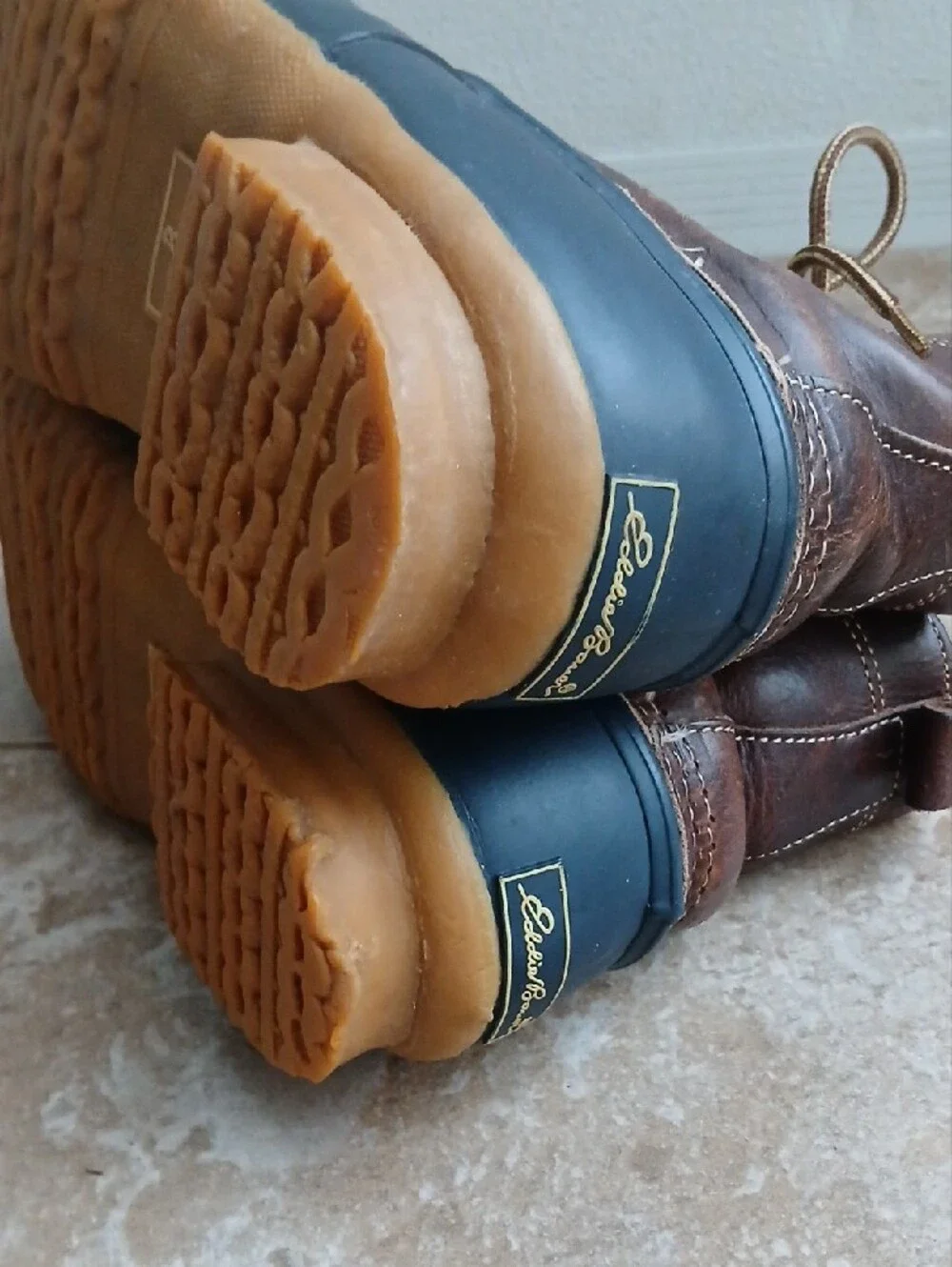 Eddie Bauer Brown Leather & Navy Rubber Duck Rain Chore Boots